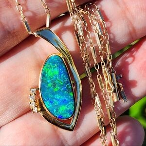 Elegant 14Kt Blue Opal Diamond Pendant Necklace